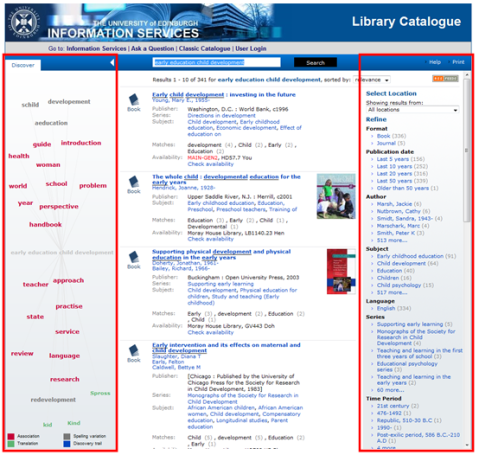 Screen shot of University of Edinburgh’s AquaBrowser with resource discovery services highlighted.